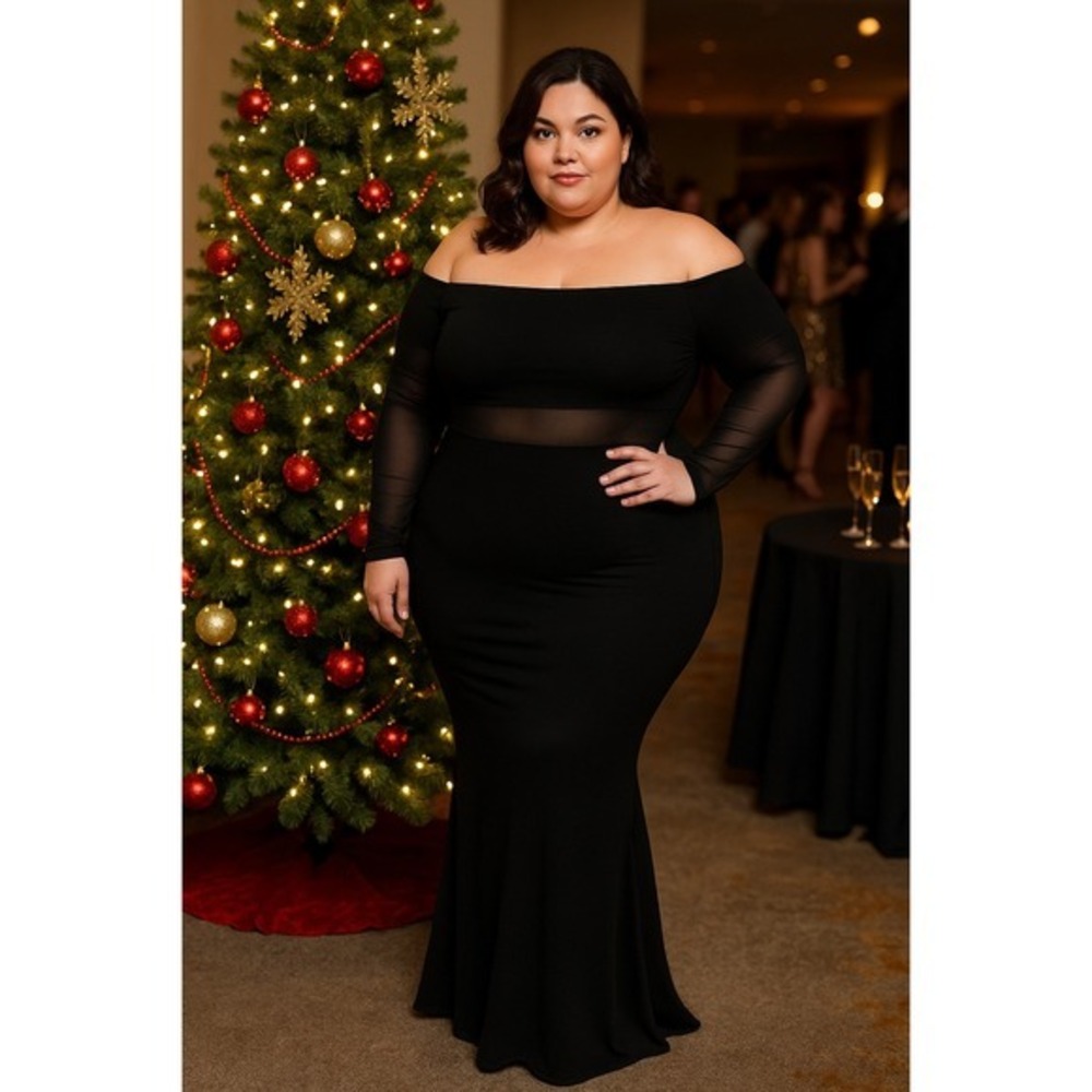 Commense Black Maxi Dress Off Shoulder Long Sleeve Evening Gown Party Dress‎ XL